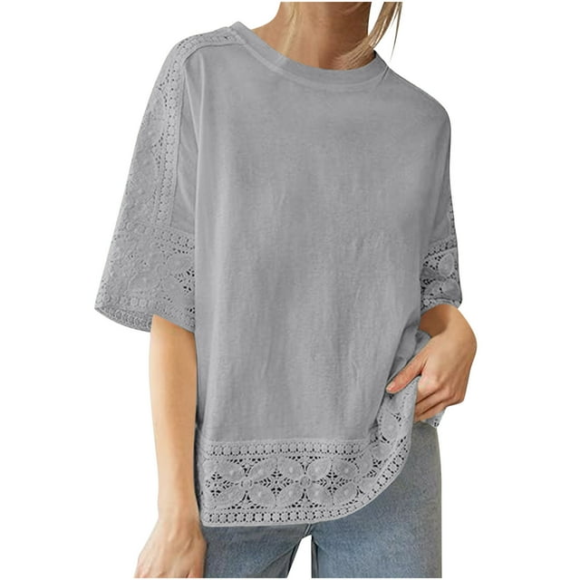 Penkiiy Womens Spring Tops Vintage Lace Patchwork Bow Crewneck Three Quarter Blouses T-Shirt Gray