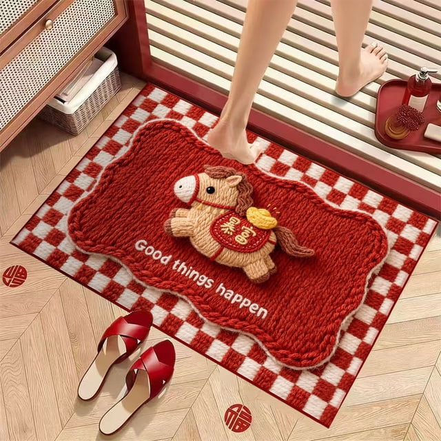 Weloille Year of the Horse Red Entryway Floor Mat 1.31'x1.97', Non-Slip Backing Absorbent Washable Welcome Mat, Stain Resistant Festive Rug for Entrance Hallway Front Porch