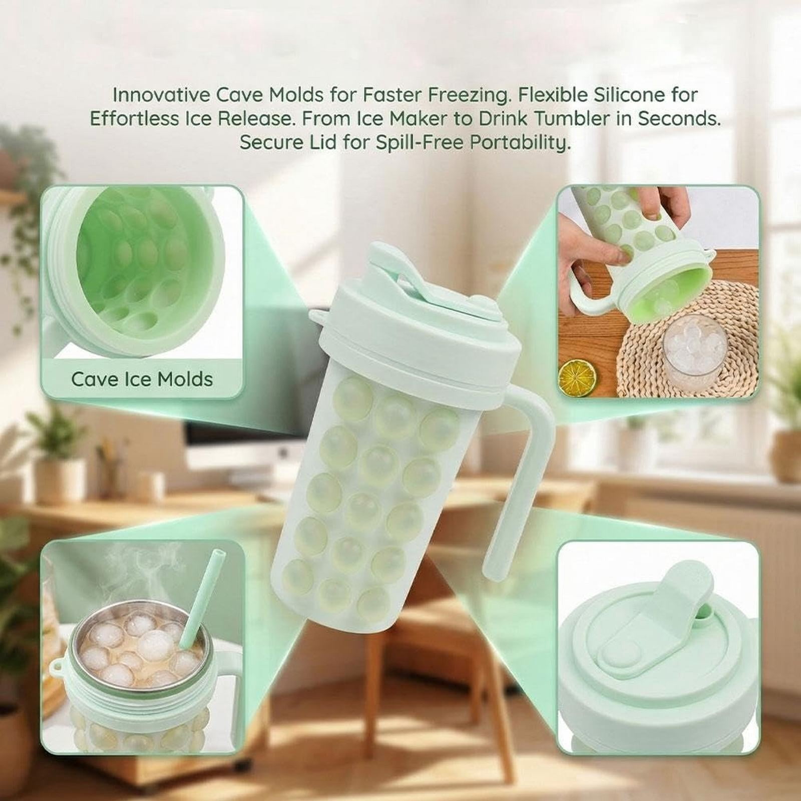 Silicone Ice Cube Tray,No Spill Tray With Lid Reinforced Silicone Ice Maker for Freezer Leak-Proof Lids BPA-Free Easy Release for Kitchen