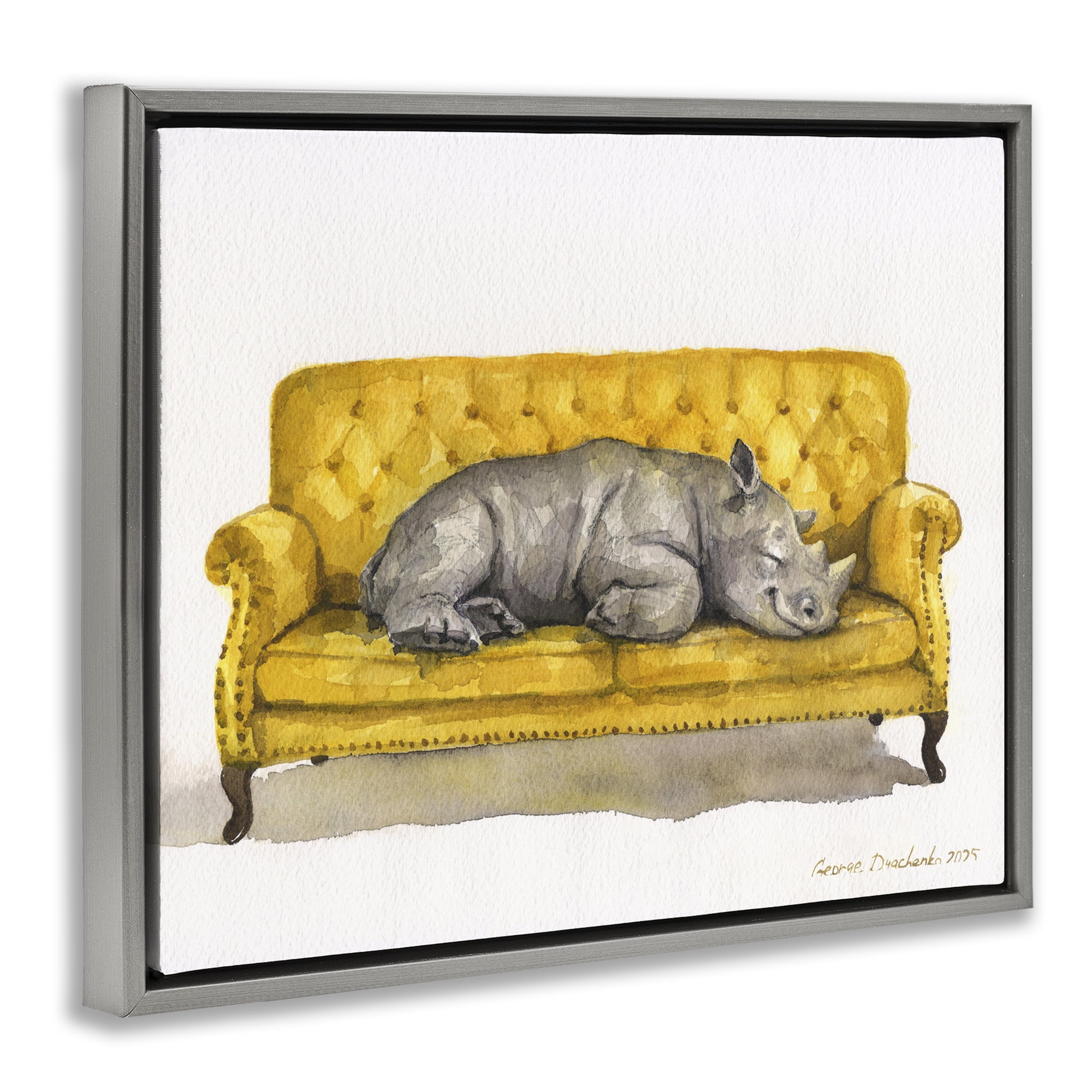 Stupell Industries Cute Rhino Resting Gray Framed Floater Canvas Wall Art, design by George Dyachenko