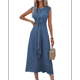 thumbnail image 3 of Vestido Midi Informal Sin Mangas de Verano para Mujer, Ajustado, con Lazo en la Cintura, , 2025 Azul Neblina XXL, 3 of 9