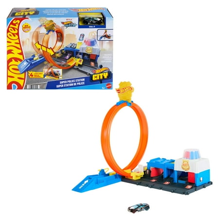 Hot Wheels City Super Police Station Playset with 1:64 Scale Police Toy Car & Adjustable Track Loop