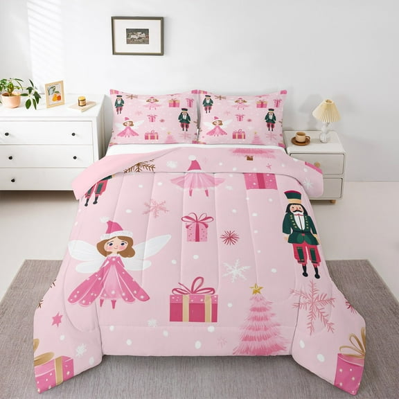 Manfei Merry Christmas Bedding Comforter Set,Xmas Nutcracker Soldier Twin Comforter Sets,Pink Princess Elf Bedding Set For Child,Breathable Home Decor Reversible,2 Pieces