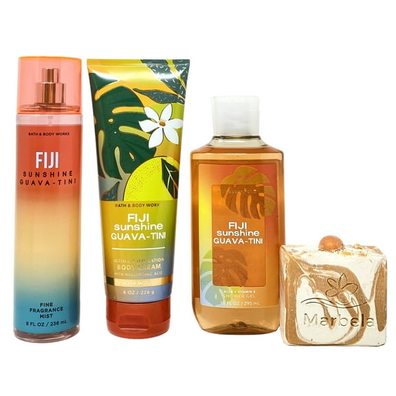 Bath & Body Works FIJI SUNSHINE GUAVA-TINI 3 Piece Bundle with a Marbela Peach Gardenia Bar Soap - Full Size