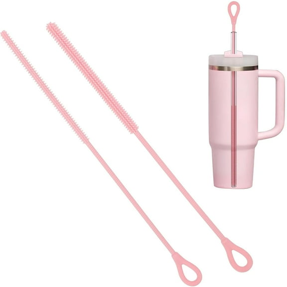 2-Pack Extra Long Silicone Straw Cleaner Brushes (9.84") – Bendable Steel Core for 6mm & 9mm Glass, Smoothie, Reusable Straws – Soft Bottle Brush (Pink)