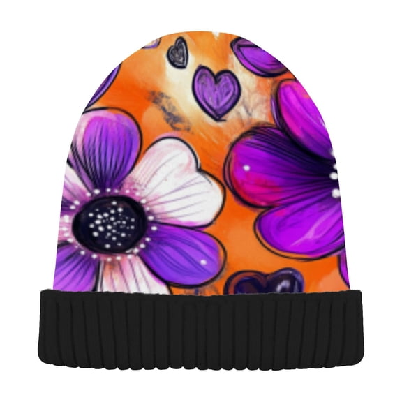 BZSMCE Winter Beanie Hats Warm Cozy Cap Purple Flowers & Hearts Pattern