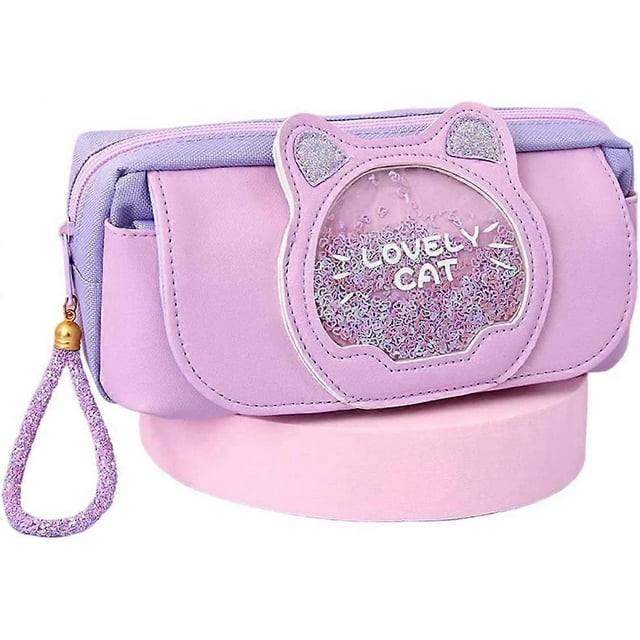 Kawaii Cute cat Pencil case Three-Layer Pencil case Large Capacity Pencil case Cute School Supplies (Purple)