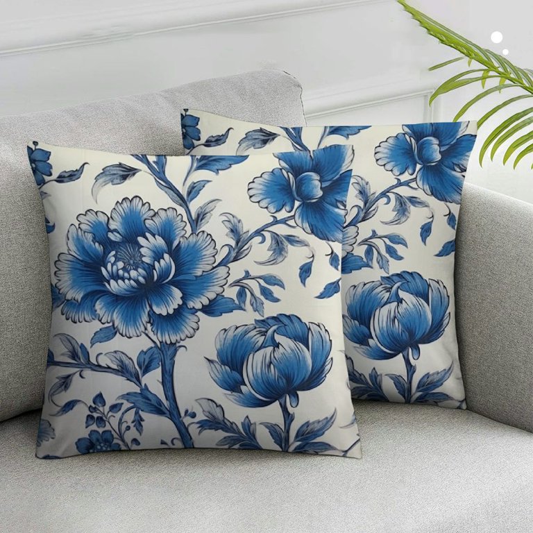 HENGT Indigo Blue Peony Rose Floral Pillow Covers Chinoiserie