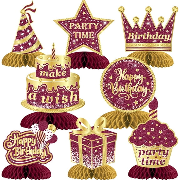 8 Pieces Burgundy Birthday Decorations Honeycomb Centerpieces, Happy Birthday Centerpieces Table Toppers for Women 30th 40th 50th Birthday Party Supplies