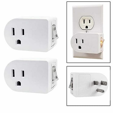2 Pc Single 3 Pronged Plug Power Adapter With On/Off Switch Grounded Wall Tap