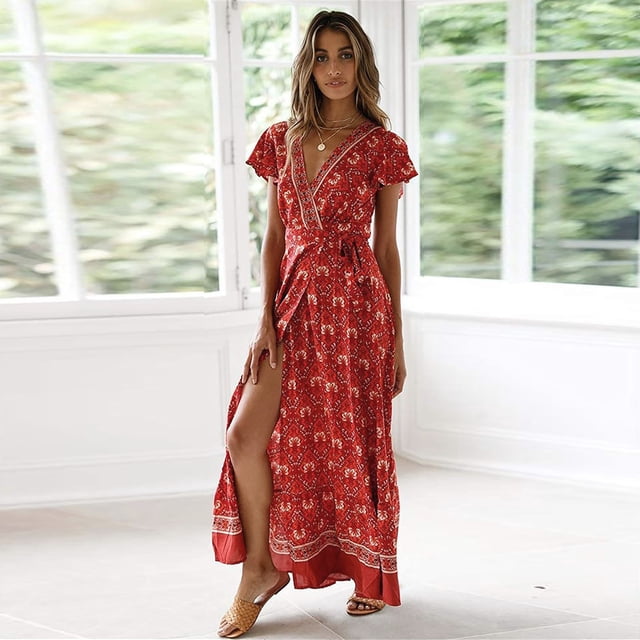 Jusqu'à 65 % de Réduction! Robes de Mode d'Été pour Femmes 2024 Grande Taille Robe Col en V Robe de Plage Bohème Imprimé Floral Robe de Vacances