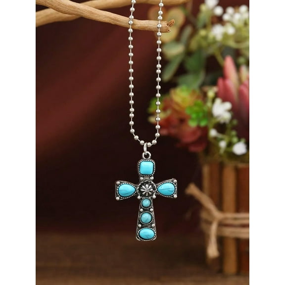 QQTDFG Turquoise Color Cross Charm Necklace Jewelry for Women Gift for Her Necklace-default