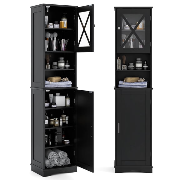 RTRWDC black bathroom floor cabinet -2 open 2 enclosed storage areas, 5 adjustable shelves, waterproof acrylic MDF anti tilt chamfer cabinet (15.5 × 12 × 67 inches)