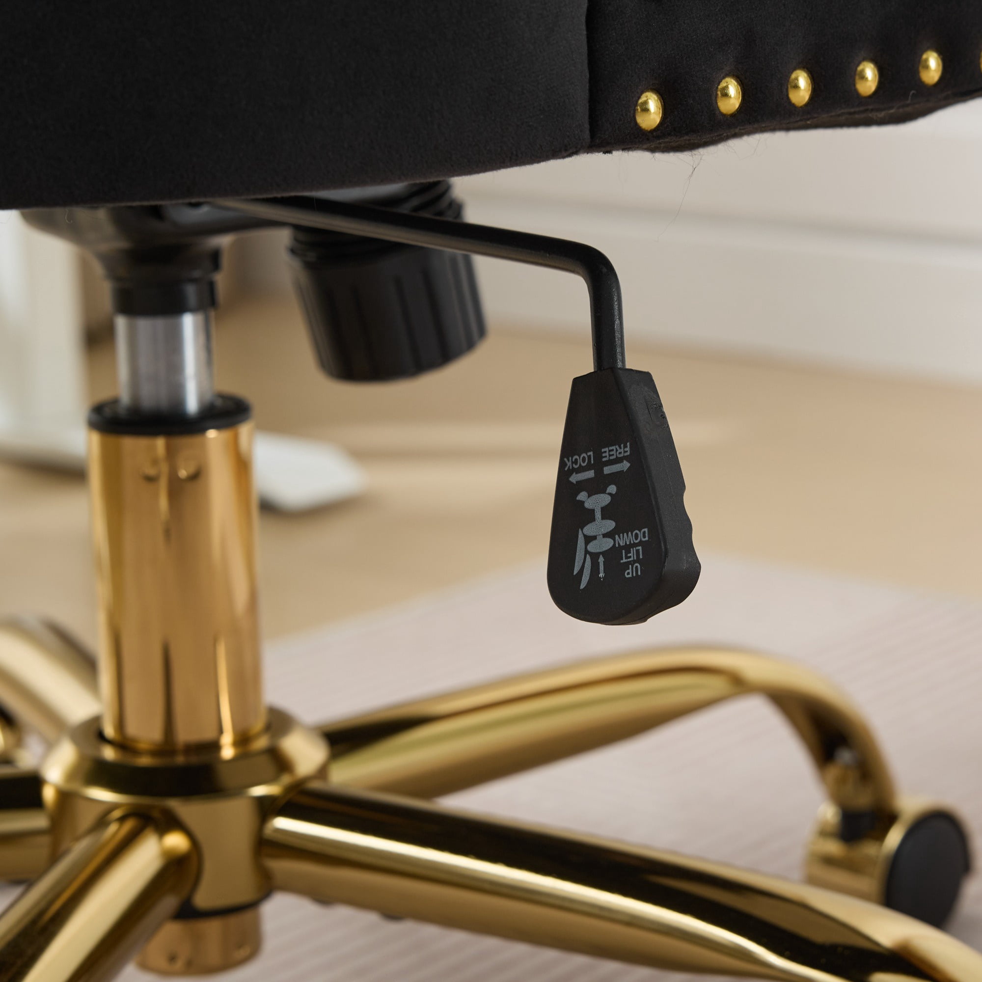 SESSLIFE Swivel Vanity Chair, Modern Office Chair with Wheels, Golden Metal Base, Velvet Upholstered Tufted Button Home Office Chair with Adjustable Height, Ergonomic Home Desk Chair, Black