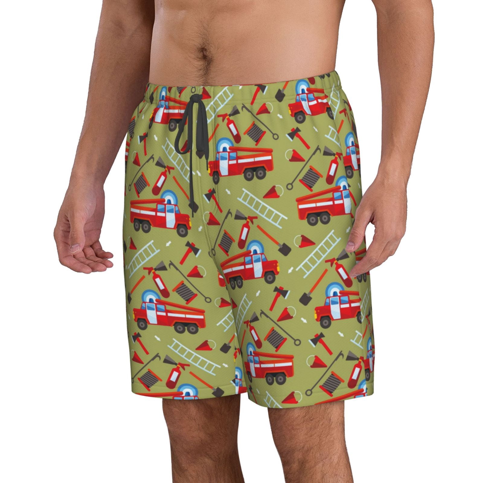 Vsdgher Cartoon Fire Truck Men's Beach Shorts, Surfing shorts, Swim trunks, Quick Dry Swim Trunks for Surfing Beach Fun -Medium
