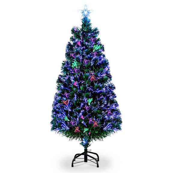 SENHAWK 6FT Pre-Lit Fiber Optic Christmas Tree with 7 Color Changing Lights & Star Topper, 230 Branch Tips, Metal Stand, Artificial Xmas Tree for Indoor Holiday Decor