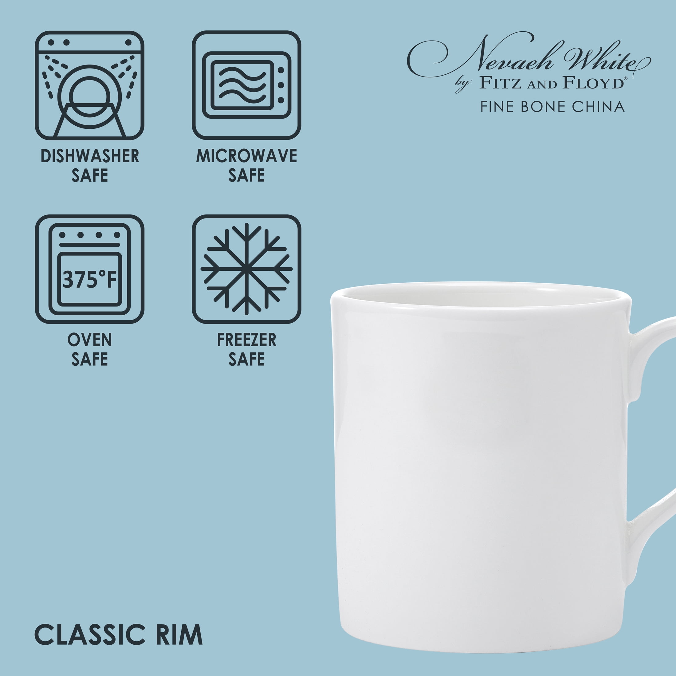 Fitz and Floyd 16 oz Nevaeh White Classic Rim Bone China Mug with Handle