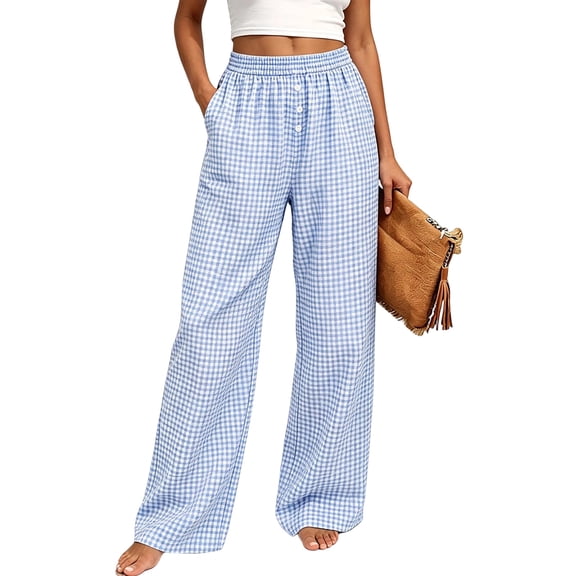 Womens Gingham Wide Leg Pants Button Elastic High Waisted with Pockets Business Casual Light Blue XL