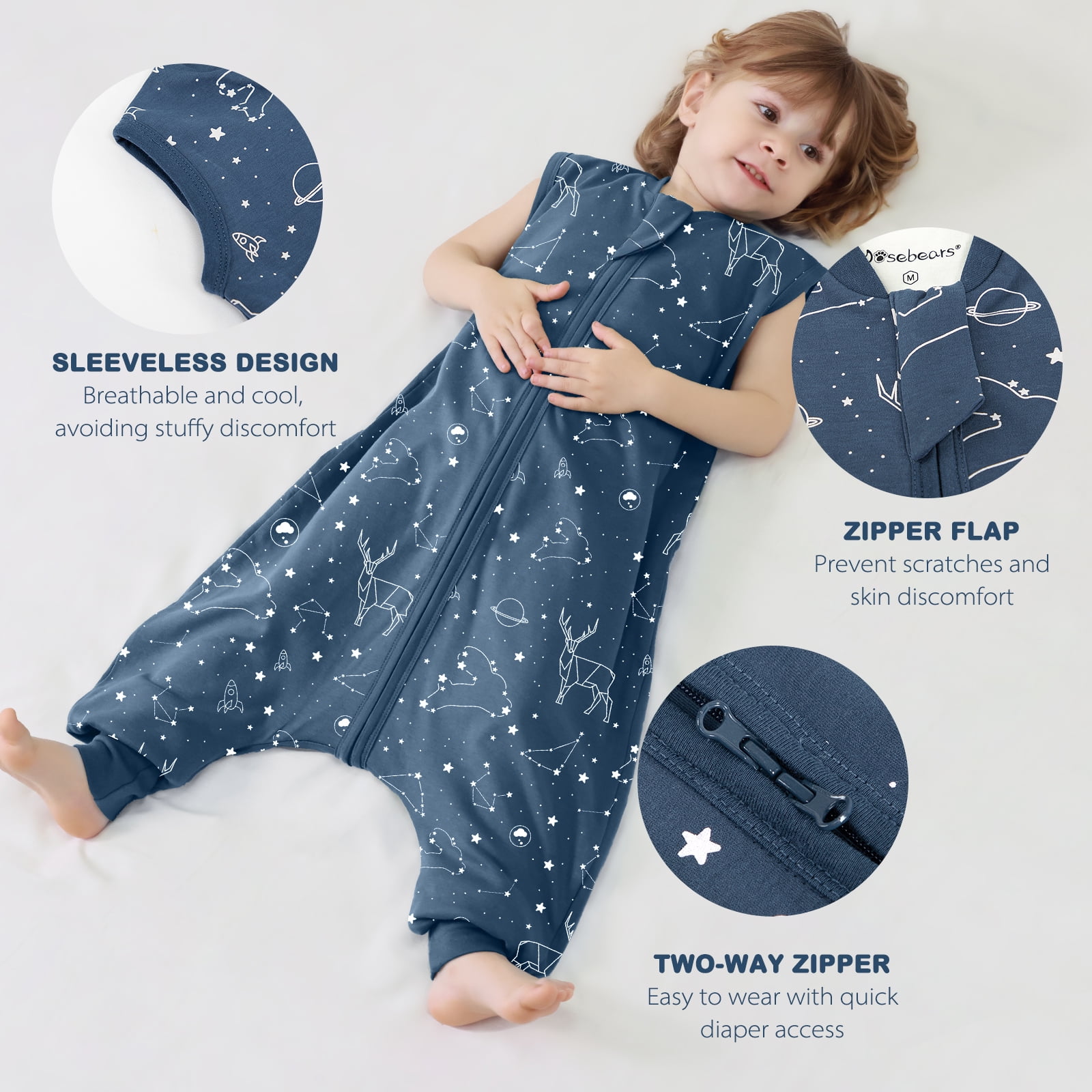Mosebears 1.0 Tog Baby Sleeping Bag - Cotton Sleeveless Sleep Sack for Baby(navy blue,S(6-12 Months))