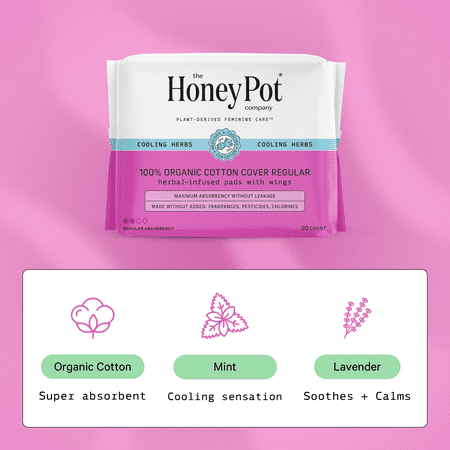 The Honey Pot Company, Herbal Regular Pads with Wings, Organic Cotton Cover, 20 ct.