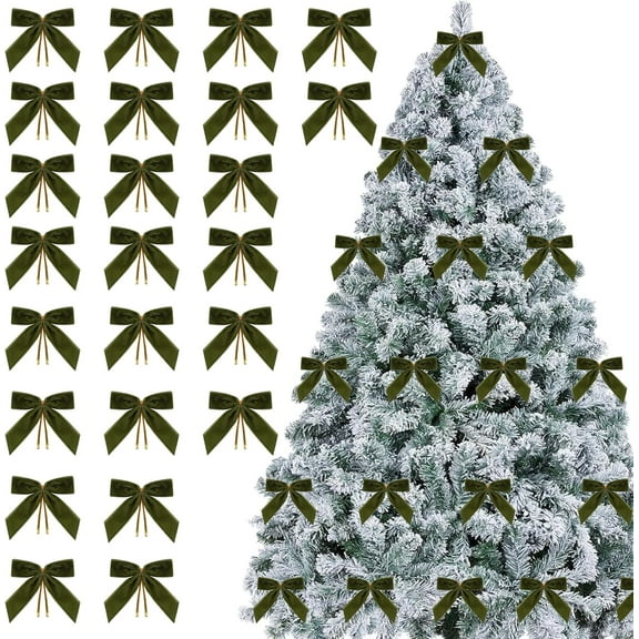 24 Pcs Green Small Velvet Christmas Bows for Christmas Tree Decorations, 3.5 Inch Xmas Velvet Ribbon Bow Ornaments for Christmas Farmhouse Tree Wreath Garland DIY Craft Gift Wrapping Decorative, 1" W