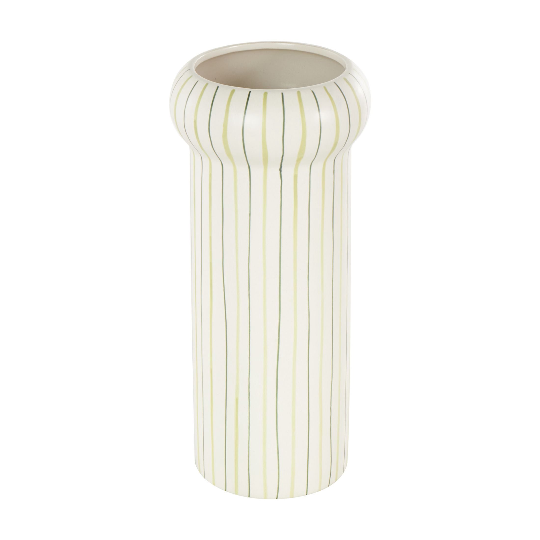 DecMode 12" Abstract Round White Ceramic Vase with Green Linear Patterns