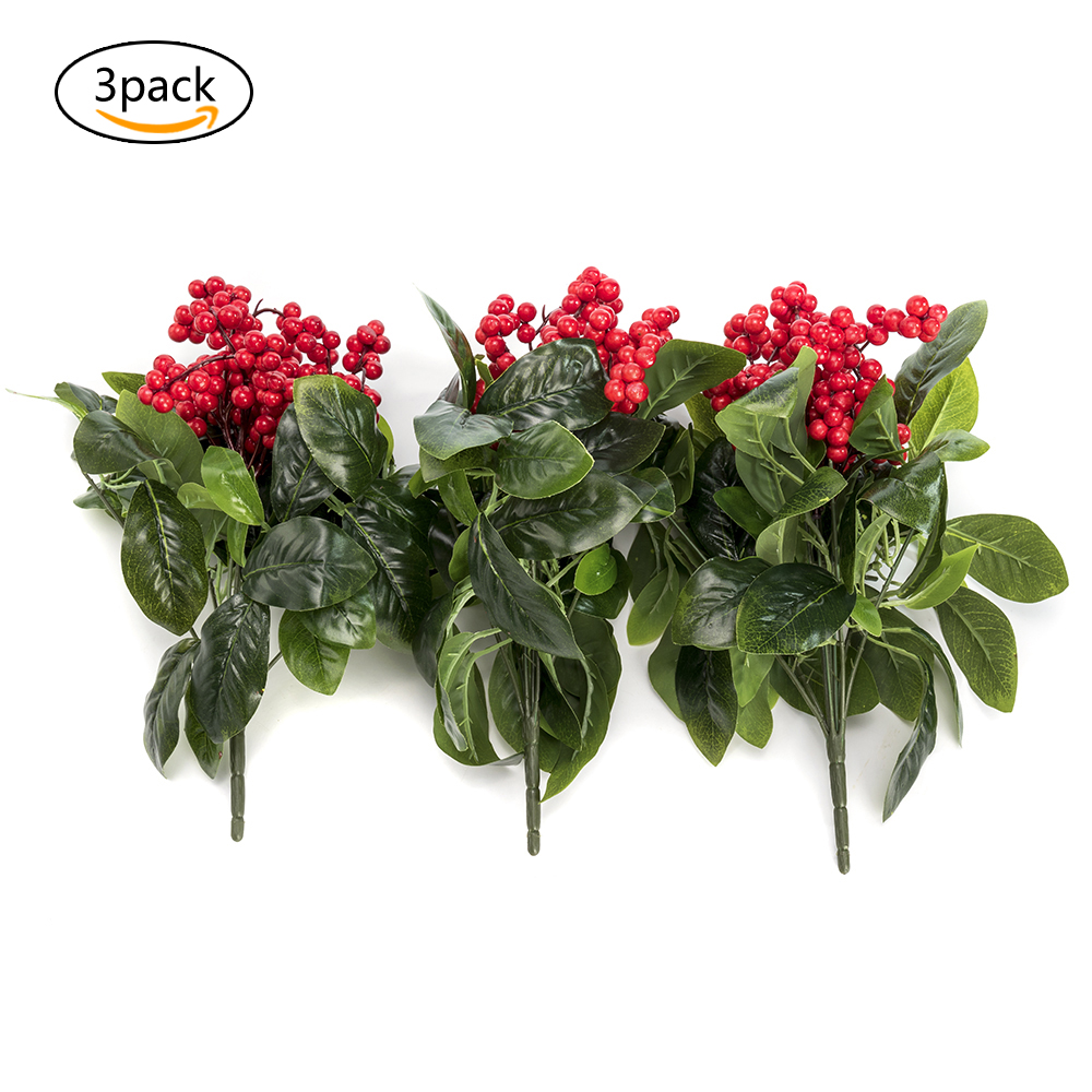 K-Cliffs 3 pieces Faux Red Berries with Green Leaves Unpotted Arrangement, Wedding Shrubs Bouquets, Vases, Wreaths for in/out doors