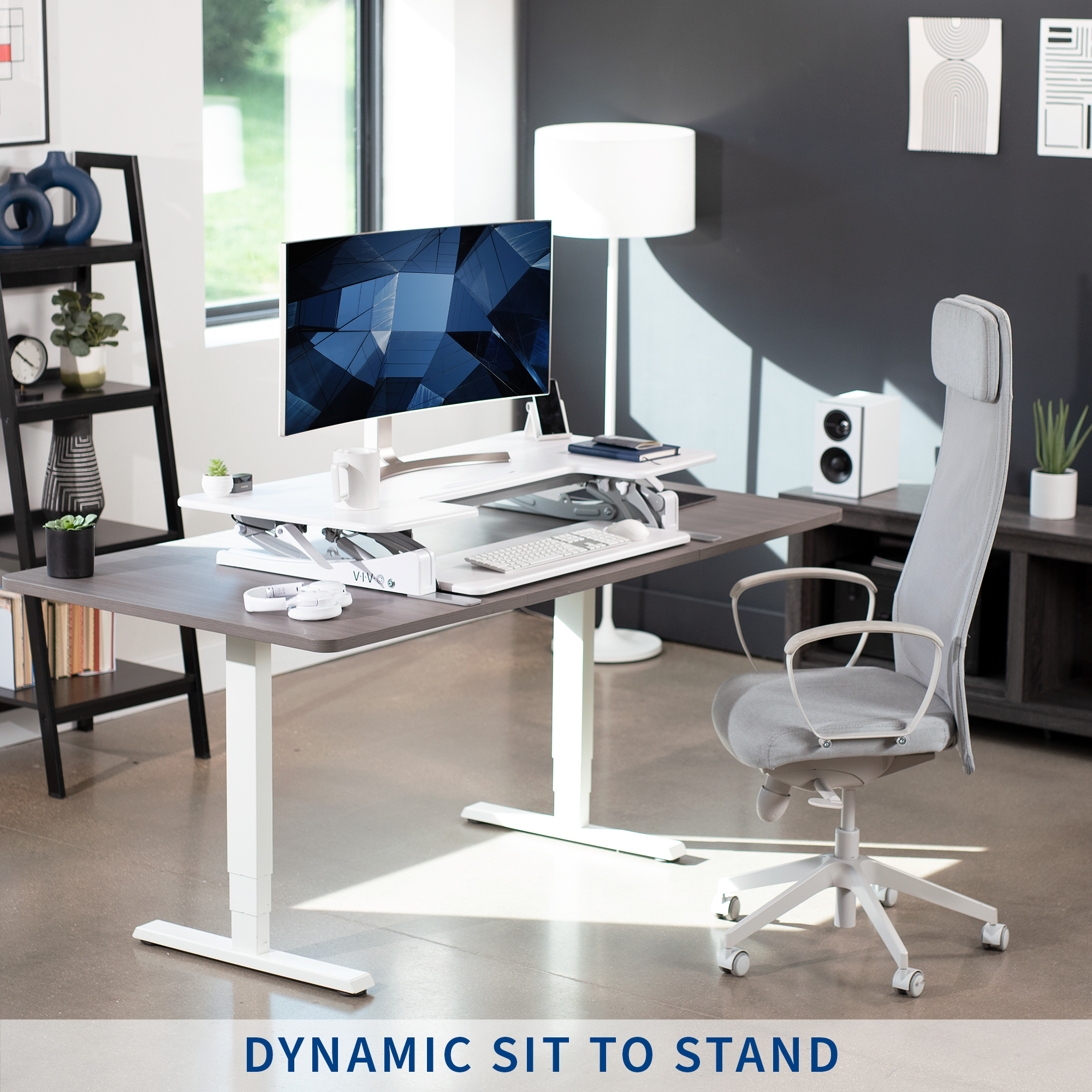 VIVO White 48" Height Adjustable Standing Desk Monitor Riser, Sit Stand Tabletop