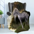 thumbnail image 4 of Unicorn Soft Flannel Fleece Blanket, Mythical Horse Watching the Sunset Reflections in the Water Nature View, Cozy Plush for Indoor and Outdoor Use, 50" x 70", Pearl and Army Green, by Ambesonne, 4 of 5