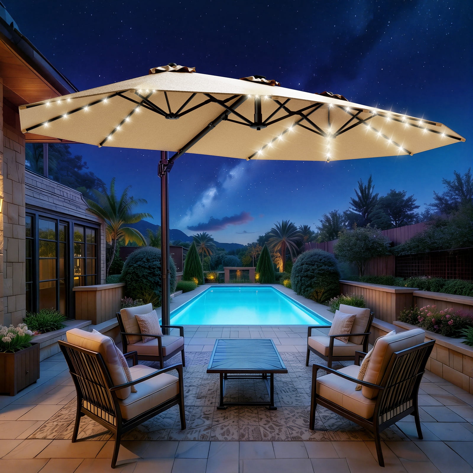 15FT Cantilever Patio Umbrella with LED Lights, 360°Rotation Large Double Sided Rectangular Outdoor Umbrella for Garden, Backyard, Pool, Deck, Beige(with Base)