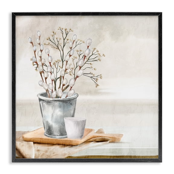 Stupell Industries Pussy Willow Still Life Botanical & Floral Painting Black Framed Art Print Wall Art, 12 x 12