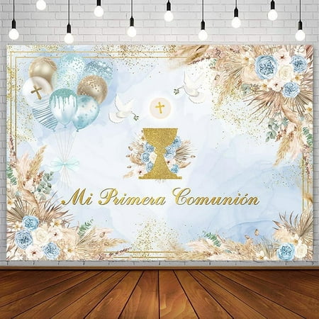 Boho Baptism Backdrop for Boys Mi Primera Comunion Christening Photography Background God Bless First Holy Communion Banner Chalice Doves Blue Floral Party Decorations Photoshoot Props
