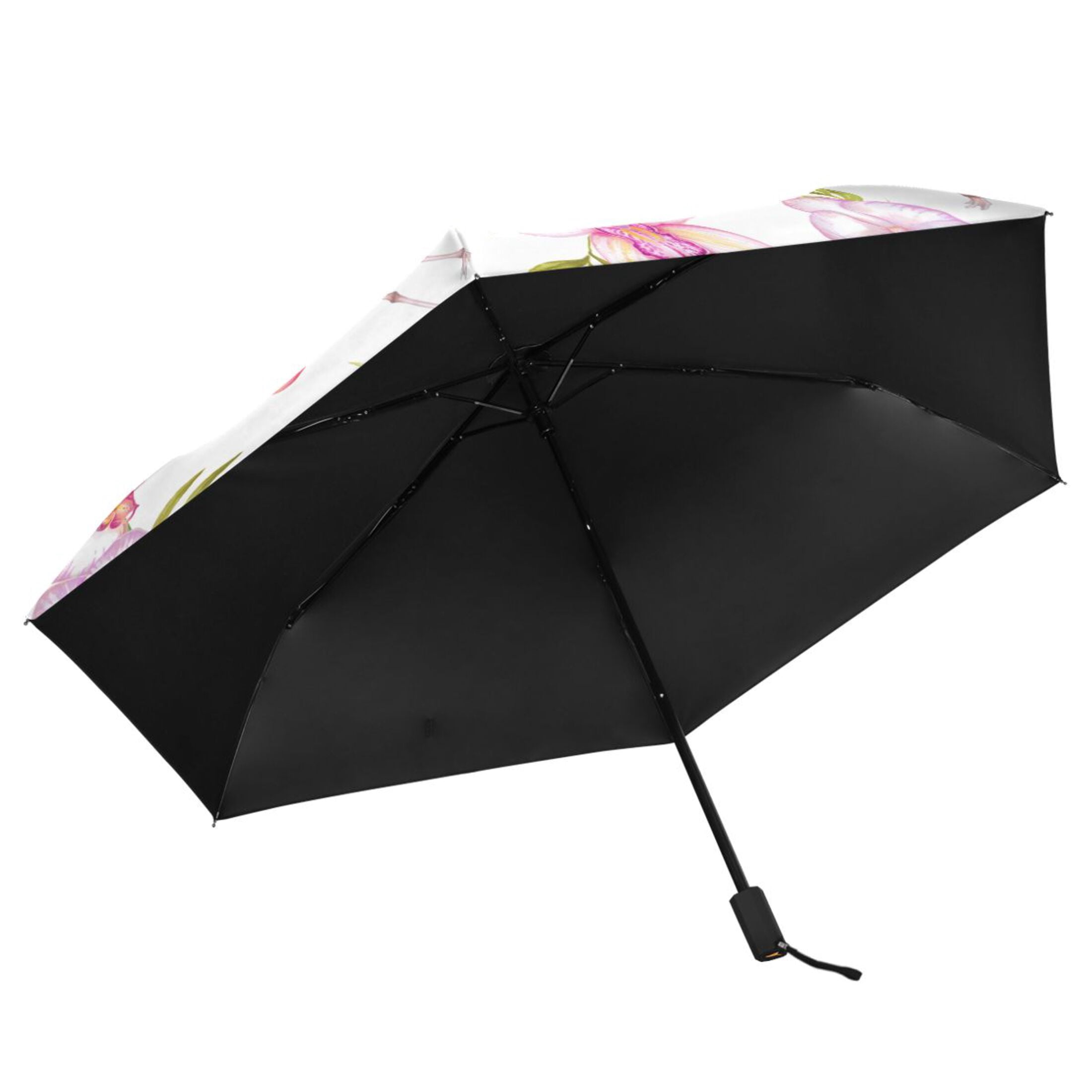 Pink Flamingo Flowers Compact Folding Umbrella for Rain Windproof Travel Umbrella UPF 50+ Lightweight Packable Arc Size