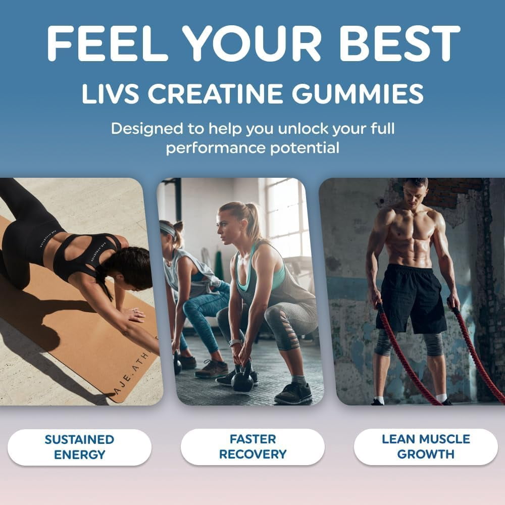 LIVS Creatine Monohydrate Gummies – Pre Workout Creatine for Women & Men | Tasty Gummy Vitamins for Energy, Strength & Muscle | Sugar Free, Gluten Free, Vegan Creatine Supplement for Gym – 80 Count