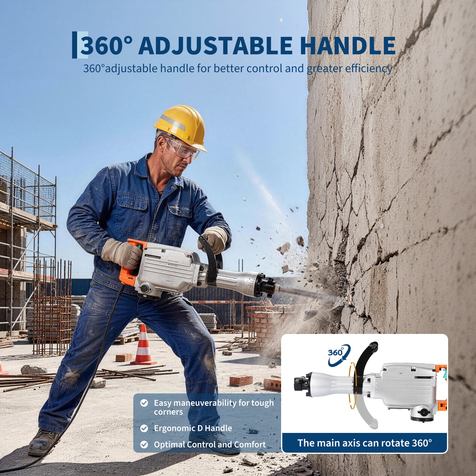 Electric Demolition Jackhammer 1500W Concrete Breaker 1800BPM 50J, Heavy Duty Demolition Hammer with Adjustable Anti-Vibration Handle, Safety Clutch, Carrying Case & 2 Chisels