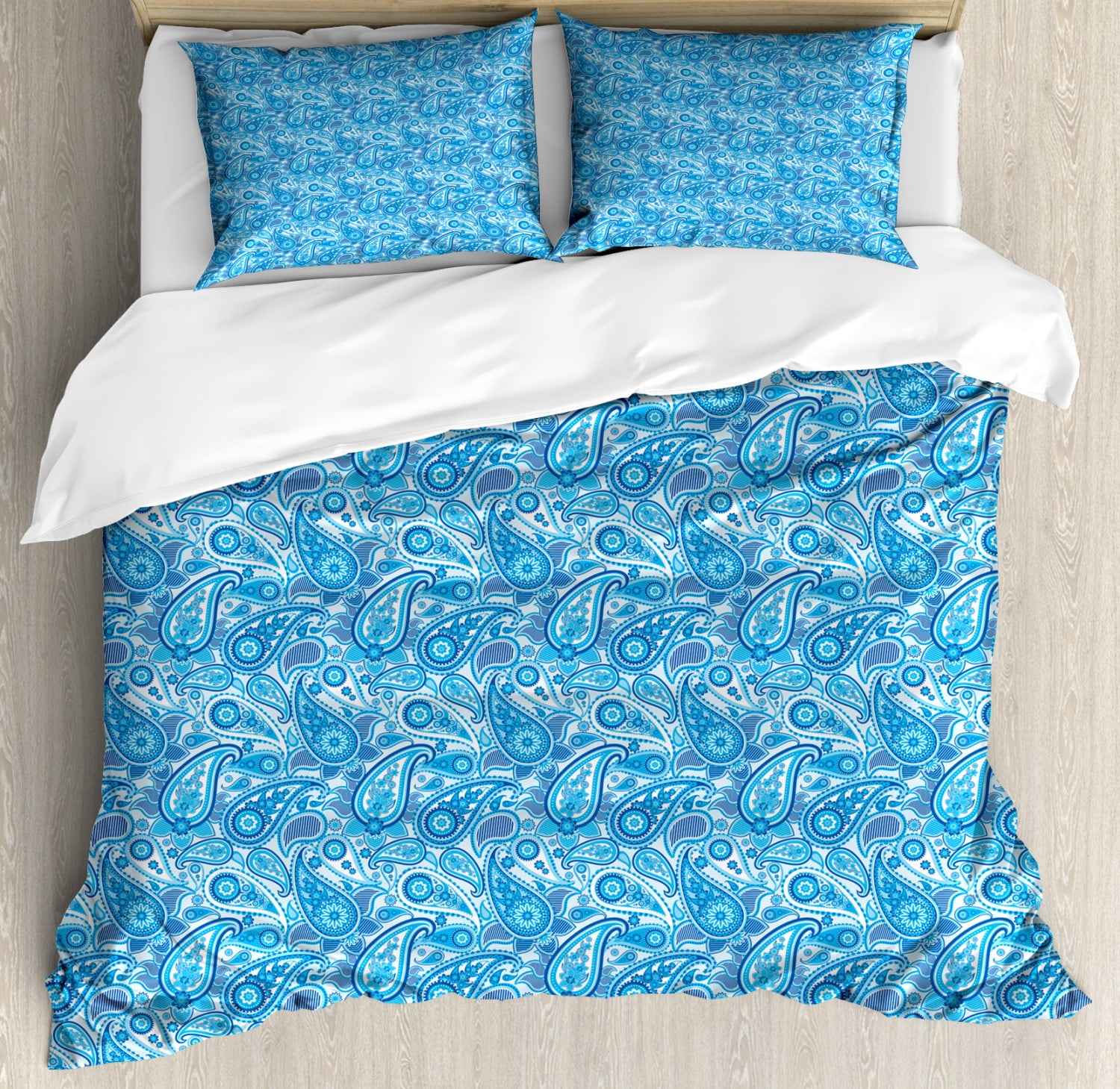 Blue Paisley Duvet Cover Set, Rhythmic Buta Elements with Floral