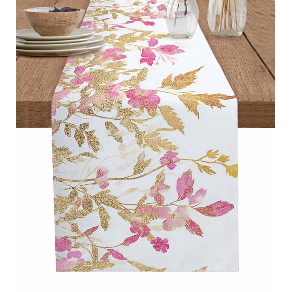 Ldtrchee Pink Gold Flower Table Runner 48 Inches, Gradient Modern Abstract Floral Plant Bed Runner Dresser Scarves Tabletop for Indoor Outdoor Parties/Ceremony/Banquet, 13" x 48"