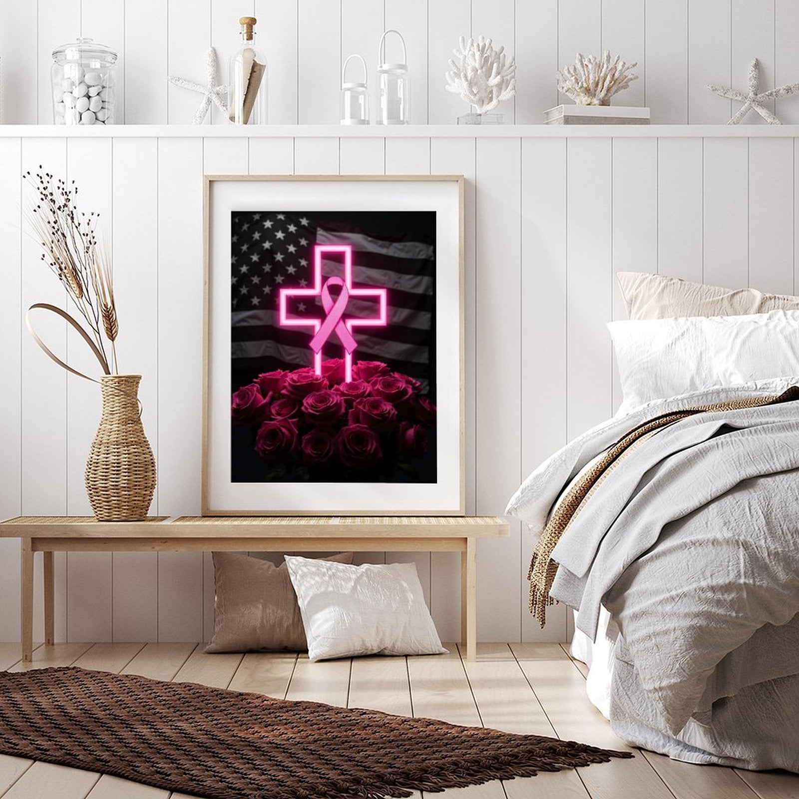 Diamond Art Kits for Adults - 5d Flag Cross Roses Pink Ribbon Diamond Painting for Adults, Diamond Art for Adults Beginners, Diamond Painting Kits for Adults for Home Wall Decor