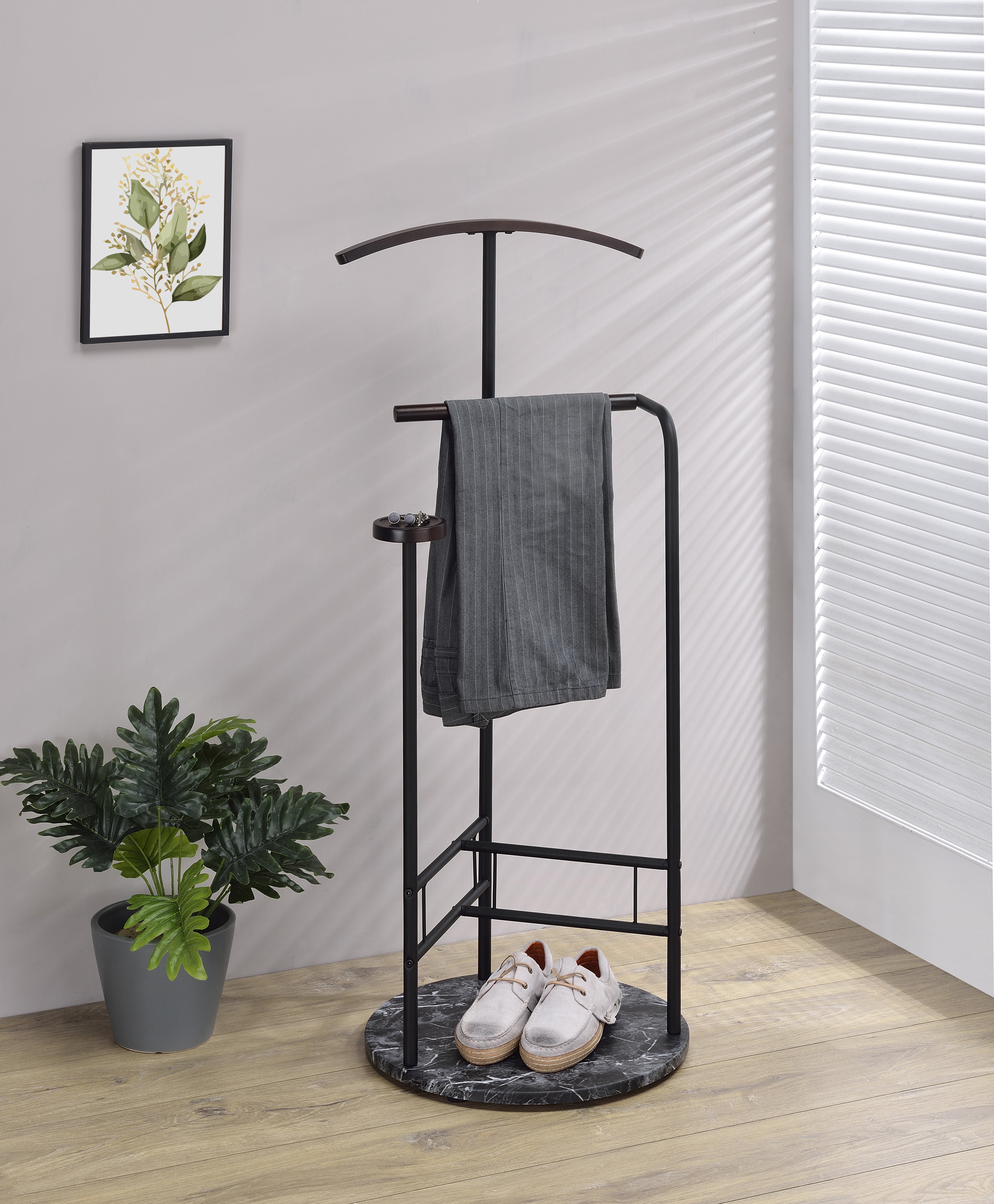 Proman Products Scandia Valet Stand, Clothes Organizer with Tray Hanger Wood Metal, Black