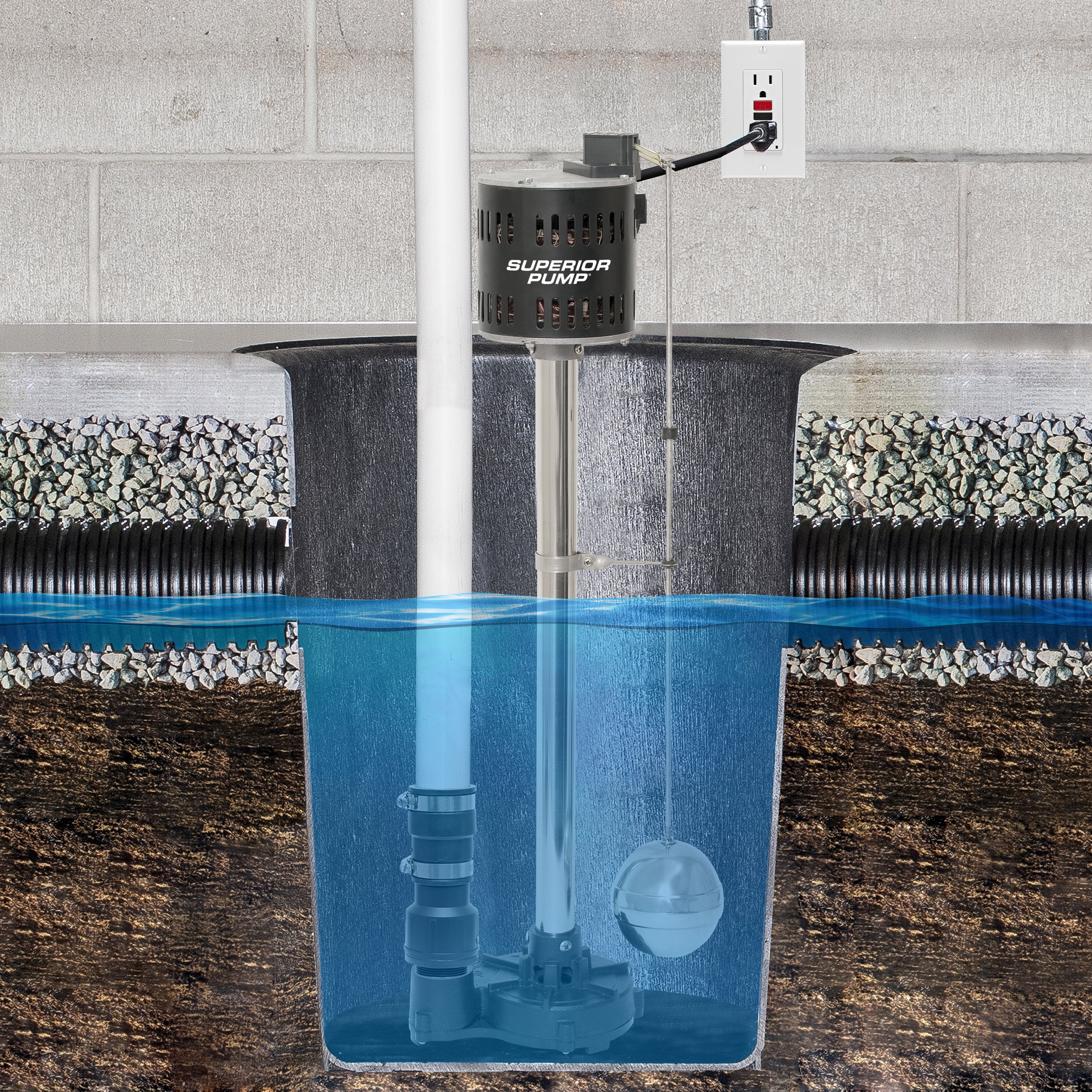 Superior Pump 92301 Utility Water Sump Pump, 1-1/2, 50 Gpm, 0.33 Hp, Iron/Steel, Black, 8.5" x 8.5" x 36"
