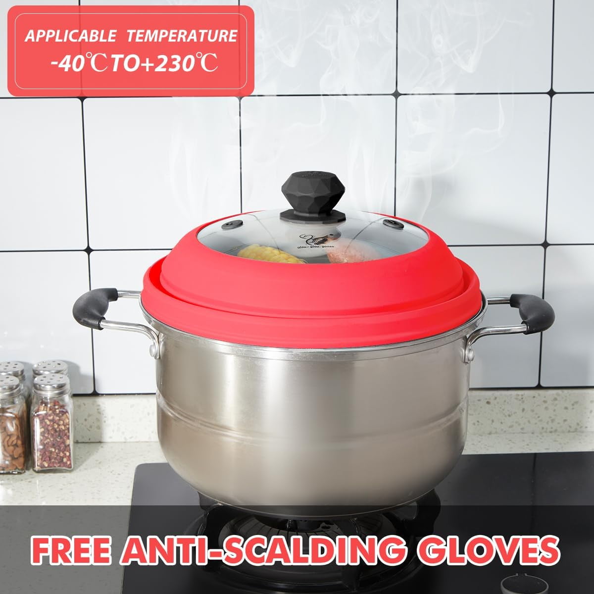 Vented Glass Splatter Guard Lid with Collapsible Silicone for Food - 11.8 inch Large Plate Cover for 6-11 inch Plate Bowl - Red