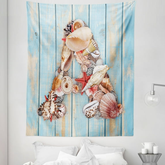 Letter a Tapestry, Letter with Seashells on Pale Wooden Board Invertebratesnimal, Fabric Wall Hanging Decor for Bedroom Living Room Dorm, 5 Sizes, Dark Coral Pale Blue, by Ambesonne