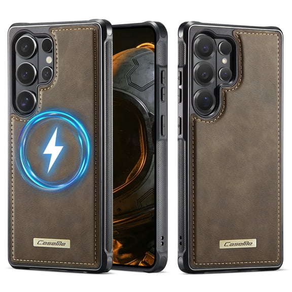 Magnetic For Samsung Galaxy S21 Ultra Phone Case,Anti-Scratch Retro PU Leather Back,Enhanced Corner Protection,Compatible with Mag-Safe,Ultra Slim Shockproof Non-Slip Thin Fit Phone Case,Coffee