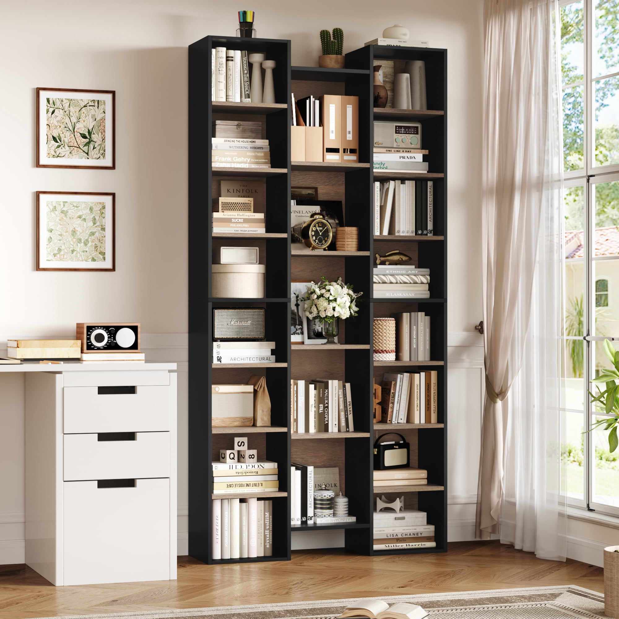Homfa 2 Pieces Bookshelves, 71’’ Tall Three Row Bookshelf with Adjustable Shelves, 21-Cubes CD Display Storage Organizer Shelf for Living Room Home Office, Black+Brown
