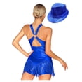 thumbnail image 2 of Sinleey Women Glittery Sparkly Bodysuit Fringe Dance Leotard Halter Cross Front Latin Jazz Ballroom Royal Blue S, 2 of 7
