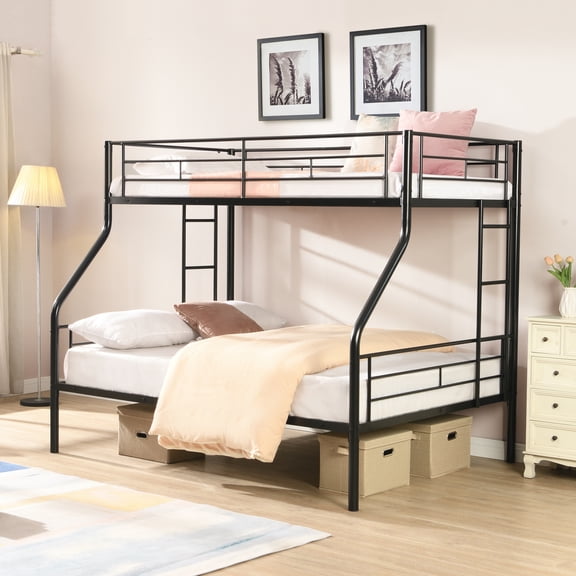 Harper & Bright Designs Twin Over Full Metal Bunk Bed with Ladder and Guardrail, Metal Bed Frame with Large Under Bed Storage for Bedroom, Black