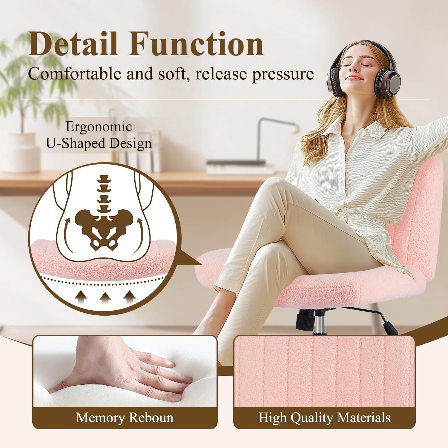 QUIOCOZY Wide Criss Cross Leg Chair, Swivel Office Desk Chair, Adjustable Faux Fur Computer Task Chair, Comfy Armless Vanity Makeup Chair without Wheels for Home & Office