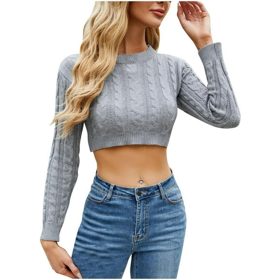 Striped Sweater Sevevn Women's Cable Cropped Sweater Long Sleeve Crewneck Pullover Knit Jumper Top