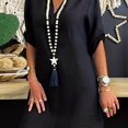thumbnail image 1 of Robe Basique Grande Taille pour Femmes Manches Retroussables Col en V Ourlet Rond Mini Robe, 1 of 4