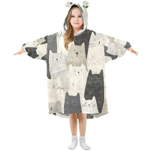 FORMRS Wearable Blanket Hoodie with Sleeves for Kids Cozy Flannel Sweatshirt, White Cute Cats